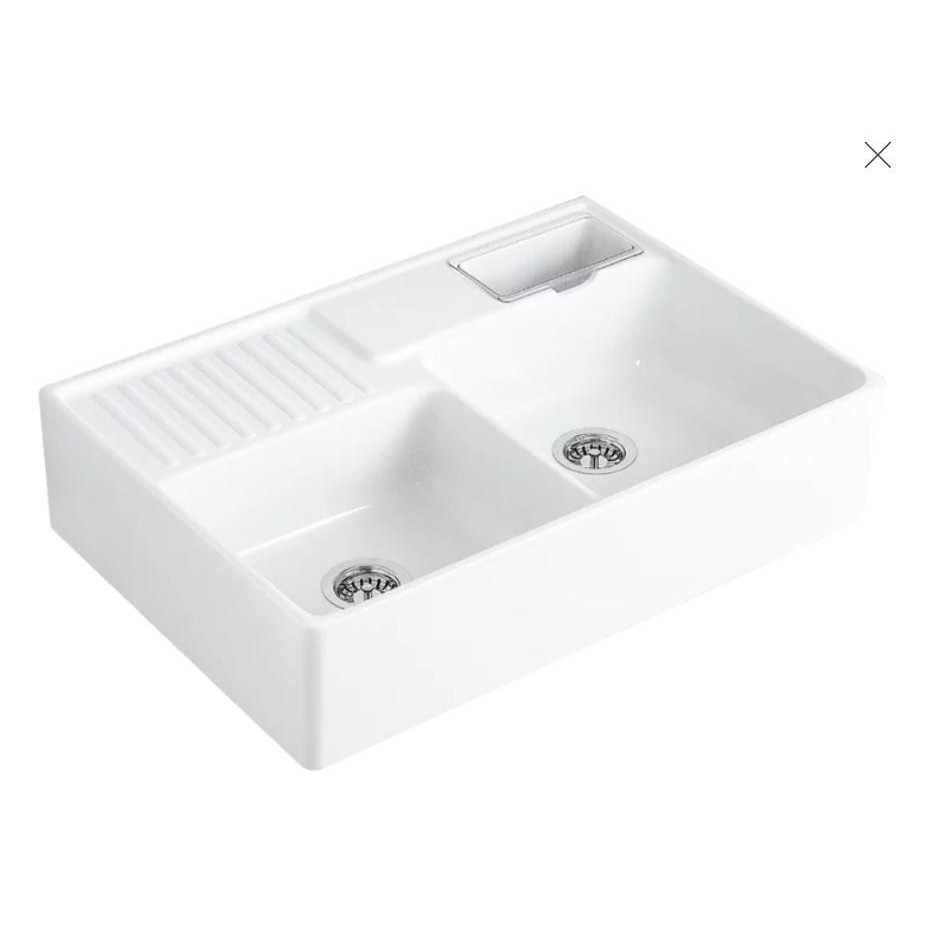 Villeroy & Boch zlew dwukomorowy 89,5x63cm z miseczką na resztki, zestaw odpływowy z uruchamianiem ręcznym, Stone White CeramicPlus - 848282_O1