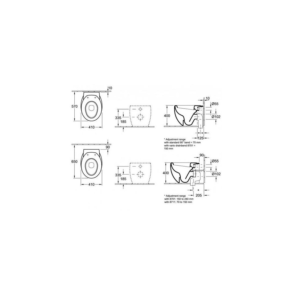 Villeroy & Boch Aveo miska WC stojąca lejowa, 410 x 560 mm, odplyw poziomy, do montazu blisko sciany, Star White Ceramicplus - T1